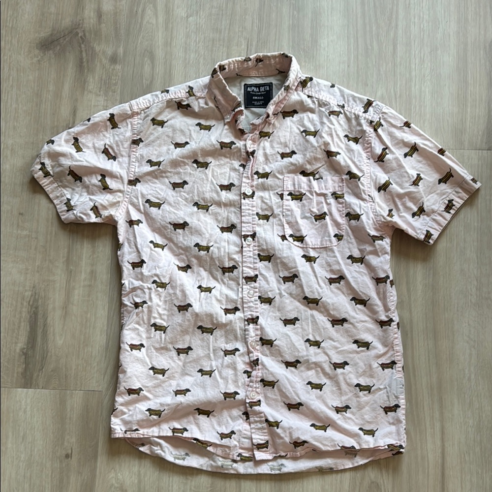 Alpha beta button up wiener dog dachshund Shirt pink small